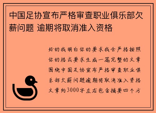 中国足协宣布严格审查职业俱乐部欠薪问题 逾期将取消准入资格